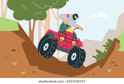 Man in helmet rides off-road on quad bike scene flat style, vector illustration. ATV with huge wheels, extreme sport and tourism, active lifestyle, adventure