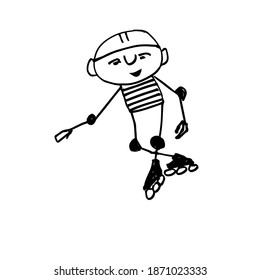 A man in a helmet rides on roller skates. Hand-drawn funny character. Vector illustration
