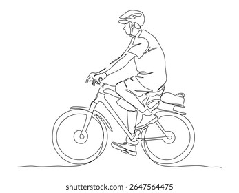 Hombre en casco montando bicicleta. Vista lateral. Dibujo de línea continua. Ilustración vectorial en blanco y negro en estilo de arte de línea.
