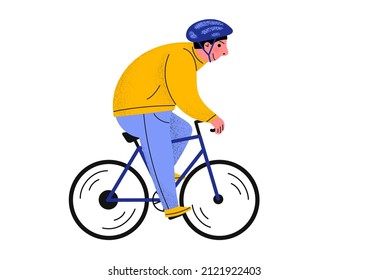 Man In Helmet Riding Bike. Big Funny Guy On Bycicle Isolated On White Background. Vector Illustration.