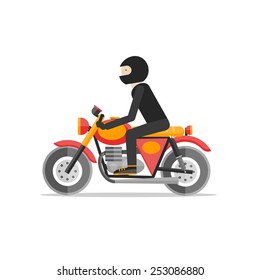 Um homem de capacete montando uma motocicleta personalizada. Motociclista em uma motocicleta. Ilustração vetorial de design plano.