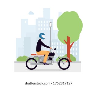 Man in helmet riding motorcycle at cityscape background, flat vector illustration isolated on white background. Biker on a motorcycle cartoon character.
