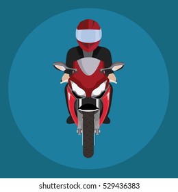 Man In A Helmet Riding Motorcycle. Front View.