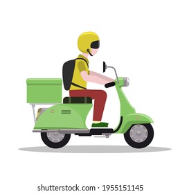 Man helmet riding on scooter or motorcycle. Delivery concept. Flat and solid color vector illustration.