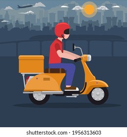 Man helmet riding on scooter or motorcycle. Delivery concept. Flat and solid color vector illustration.