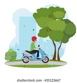 man in a helmet riding a scooter around the city park. vector