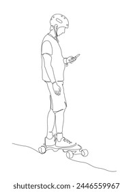 Man in helmet riding skateboard and using phone on the go. Black and white vector illustration in line art style.