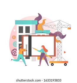 Man in helmet running with rolled up blueprints, woman drawing with pencil, city construction site with tower crane, vector illustration. Construction engineer services concept for website page etc.