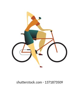 Man in a helmet sits bike and kept one hand behind his back. Vector illustration.