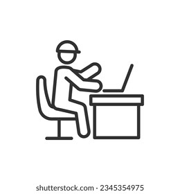 A man in a helmet sits at a computer, linear icon. Engineer. Line with editable stroke