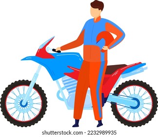 Man in helmet, suit at motorbike, isolated on white vector illustration. Motorcycle transport sport design, extreme driver biker.