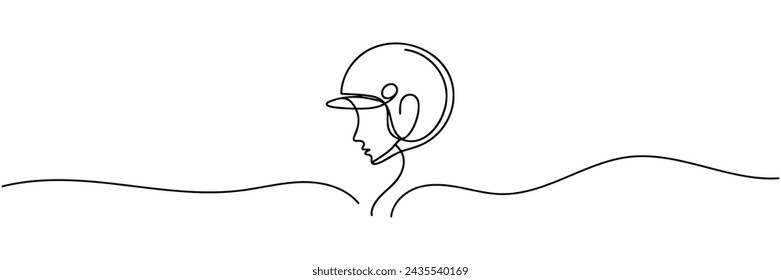 The man in the helmet turned his head to the side. Bikers one line drawing. Vector illustration.