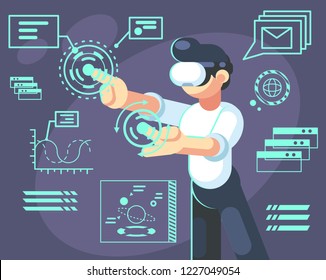 Man in helmet of virtual reality. Device new modern technology for work and science, vector flat illustration