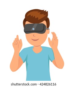 Man in a helmet virtual reality good pastime. Isolated male character in the VR helmet waving his hands