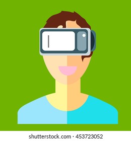 Man in a helmet virtual reality VR on a green background. New technology for watching movies and games in 3D format with the smartphone. Vector image in flat style.