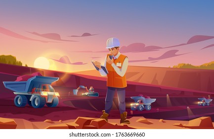 Man in helmet working on mining quarry. Opencast mine with dumpers, excavator and workers. Vector cartoon illustration of ore extraction open cast and engineer