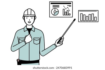 Hombre en casco y ropa de trabajo analizando un gráfico de rendimiento, Ilustración vectorial