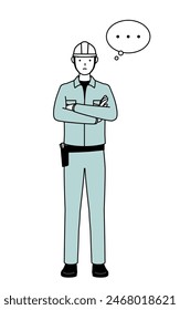 Man in helmet and workwear with crossed arms, deep in thought, Vector Illustration