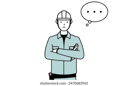 Man in helmet and workwear with crossed arms, deep in thought, Vector Illustration