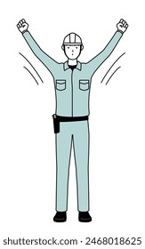 Man in helmet and workwear doing radio calisthenics, preparation for accident prevention, Vector Illustration