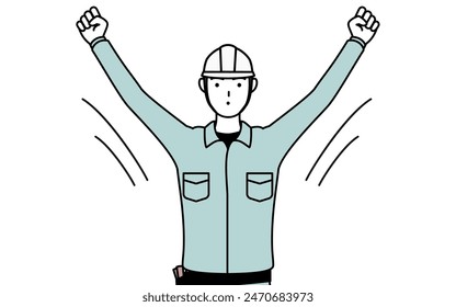 Man in helmet and workwear doing radio calisthenics, preparation for accident prevention, Vector Illustration