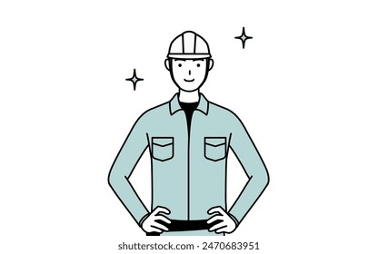 Man in helmet and workwear with his hands on his hips, Vector Illustration