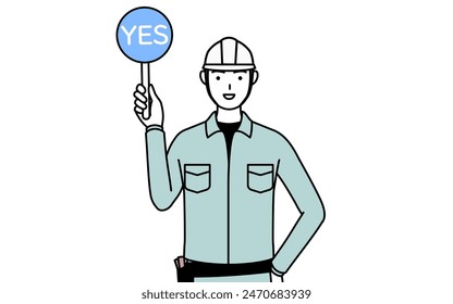 Man in helmet and workwear holding a maru placard that shows the correct answer, Vector Illustration