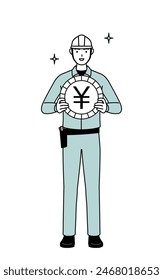 Hombre en casco y ropa de trabajo una Imagen de ganancias de divisas y apreciación del yen, Ilustración vectorial