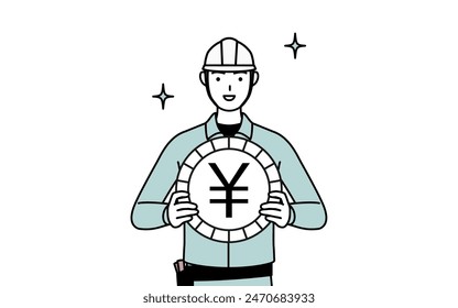 Hombre en casco y ropa de trabajo una Imagen de ganancias de divisas y apreciación del yen, Ilustración vectorial