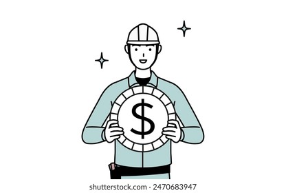 Man in helmet and workwear with images of foreign exchange gains and dollar appreciation, Vector Illustration