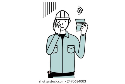 Man in helmet and workwear looking at his bankbook and feeling depressed, Vector Illustration