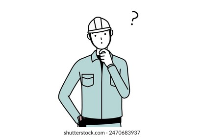 Man in helmet and workwear nodding his head in question, Vector Illustration