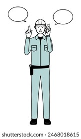 Man in helmet and workwear pointing while on the phone, Vector Illustration