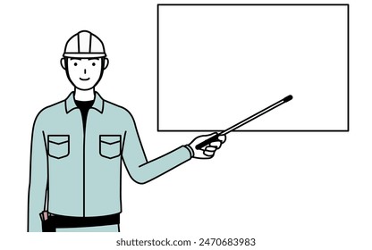 Man in helmet and workwear pointing at a whiteboard with an indicator stick, Vector Illustration