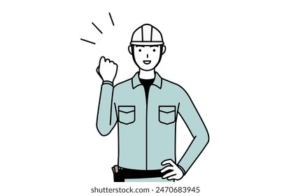 Man in helmet and workwear posing with guts, Vector Illustration