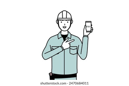 Man in helmet and workwear recommending cashless online payments on a smartphone, Vector Illustration