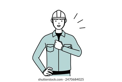 Man in helmet and workwear tapping his chest, Vector Illustration