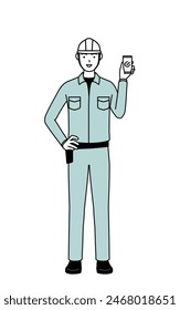 Man in helmet and workwear using a smartphone at work, Vector Illustration