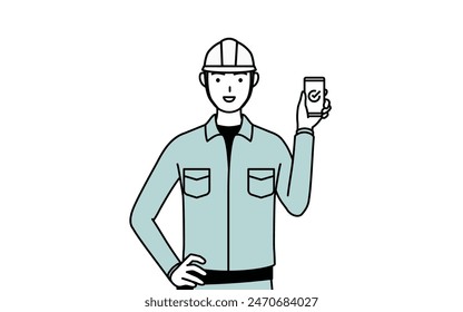 Man in helmet and workwear using a smartphone at work, Vector Illustration