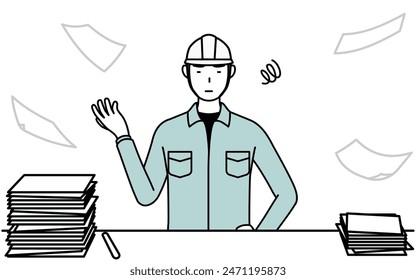 Man in helmet and workwear who is fed up with his unorganized business, Vector Illustration