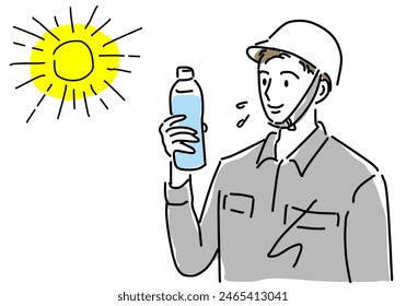 Man in helmets and work clothes to stay hydrated hand drawing illustration, vector