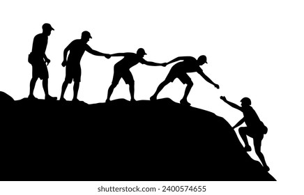 Man help man to climbing mountain. Help and assistance concept. Silhouettes of two people climbing on mountain and helping