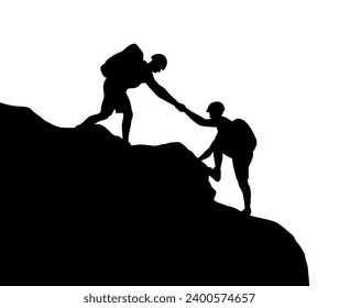 Man help man to climbing mountain. Help and assistance concept. Silhouettes of two people climbing on mountain and helping