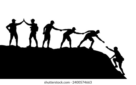 El hombre ayuda al hombre a escalar la montaña. Concepto de ayuda y asistencia. Silhouettes de dos personas trepando a la montaña y ayudando