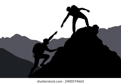 Man help man to climbing mountain. Help and assistance concept. Silhouettes of two people climbing on mountain and helping