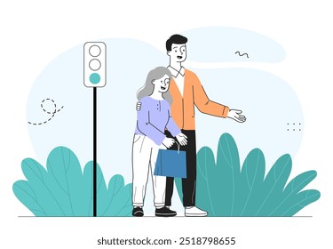 Man help grandma. Young man helps elderly woman cross road. Son and grandmother outdoors. Help and support. Activist and volunteer. Linear vector illustration isolated on white background