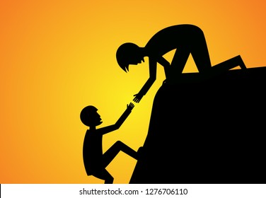 Man help his friend to climb up, silhouette vector