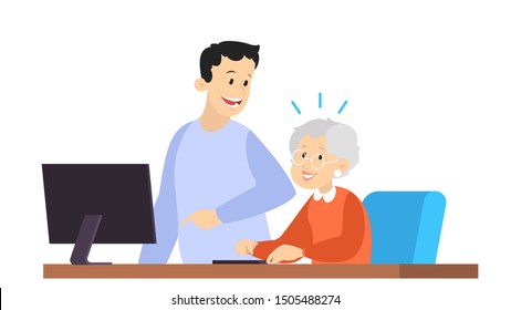 Man help old woman working on computer. Idea of modern technology and internet. Elderly person learning. Isolated flat vector illustration