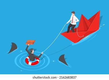 Man Help To Save Life Of Sinking Entrepreneur Throwing Buoy Vector. Business Preserver And Bailout From Bankruptcy Concept. Insurance And Financial Support