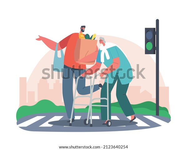 Man Help Senior Woman with Walking Frame\
Crossing Street, Urban City Traffic Cars on Road Crosswalk. City\
Dweller Male Character Cross Road with Elderly Lady. Cartoon People\
Vector Illustration